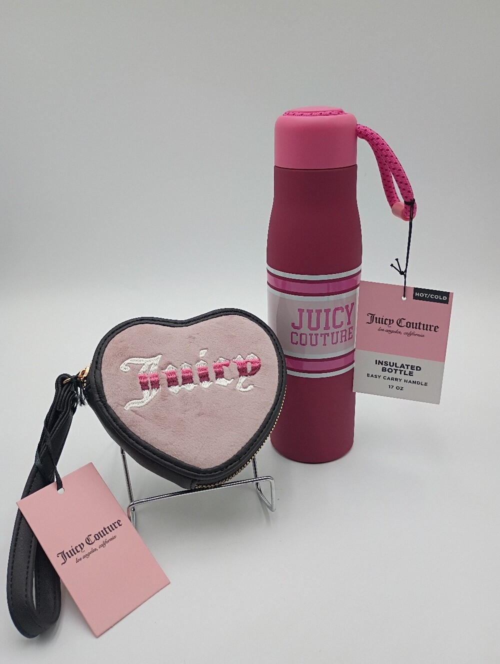 Juicy Couture Heart Zip Wristlet And Insulated Water Bottle. Holds 17 Fl Oz.